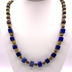 Lapis Lazuli Square Tiger's Eye Round Beads Necklace Handcrafted 22" Long LR170
